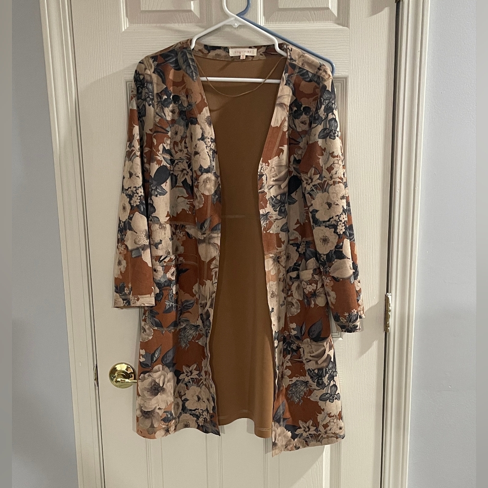 Solitaire Womens Brown‎ Blue Floral Oversized Faux Suede Cardigan With Pockets M